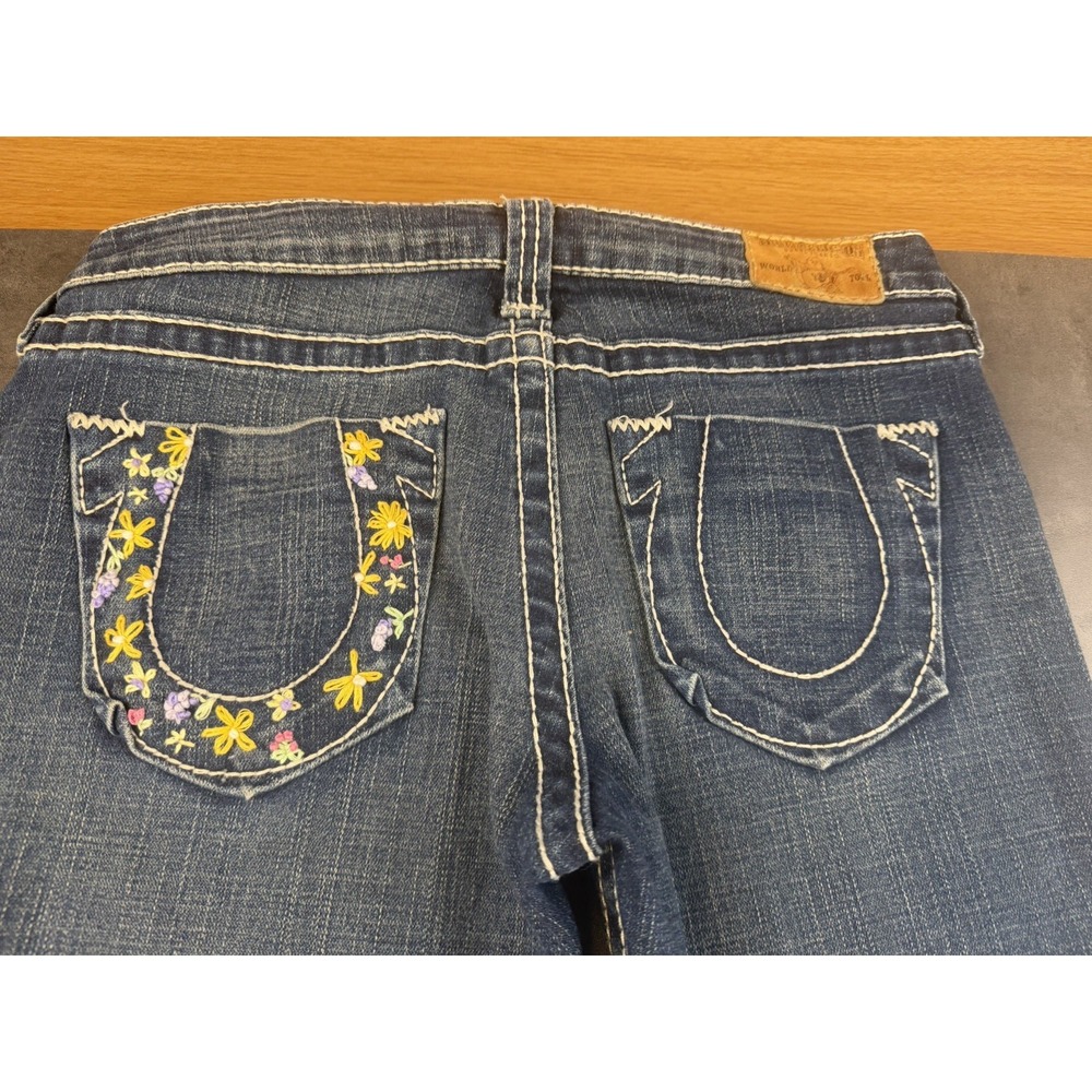 Y2K True Religion Joey Floral Embroidered Flare Blue Jeans Women's 30 Buddha
